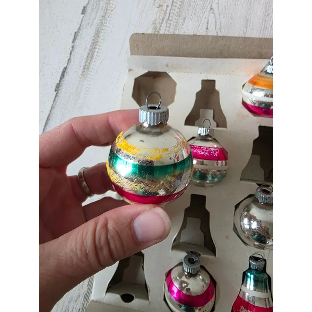 Vintage shiny Brite ornament set Bell striped pink green red box Xmas tree